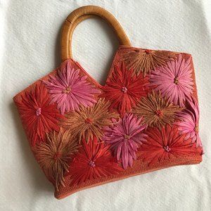 Red & Pink Straw Tote Bag